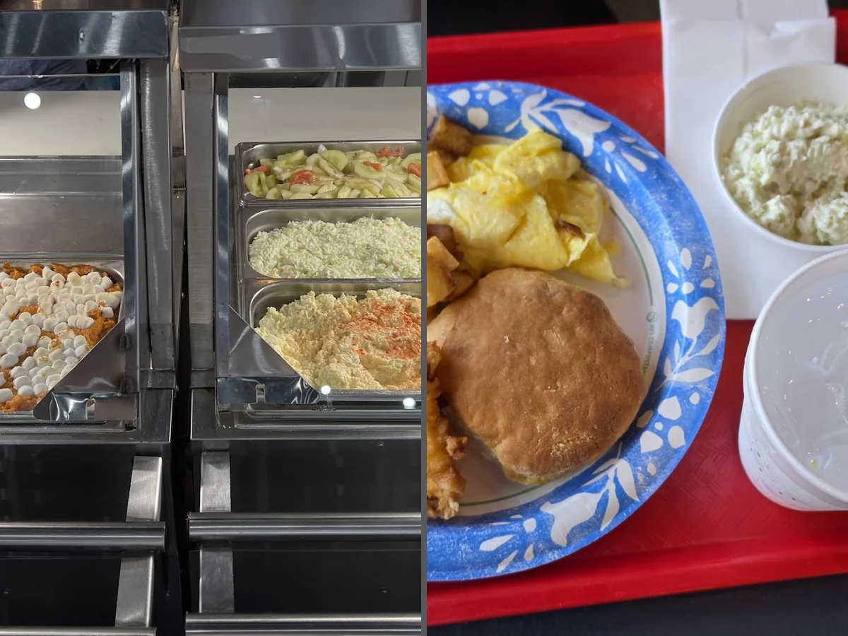 Coffee cups beside biscuits and hearty lunch dishes.